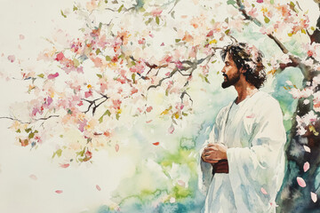 Jesus standing beside a blooming tree, with petals falling around him. The watercolor features soft pinks, greens, and white accents, symbolizing renewal and peace.