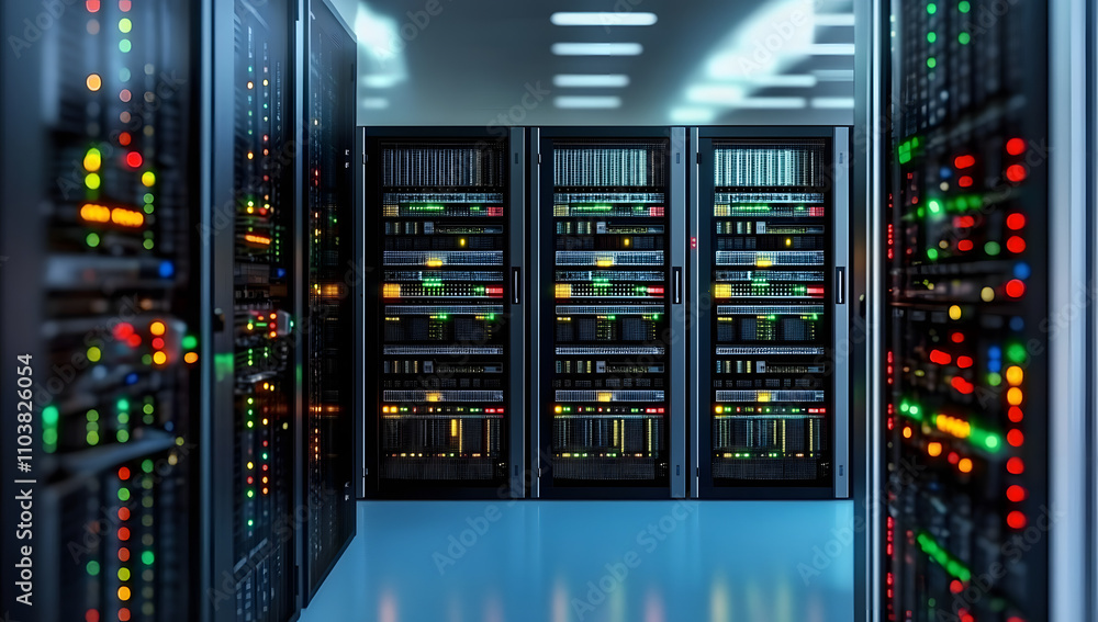 Aufkleber modern rack led console in server room data center. generative ai.