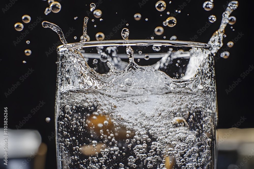 Poster a glass of sparkling water with bubbles splashing and creating a dynamic visual effect.