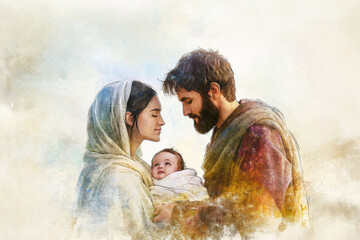 A digital watercolor illustration of Joseph and Mary, Mary with child, in a peaceful moment before their journey to Bethlehem. The serene background and warm colors evoke a sense of divine trust and