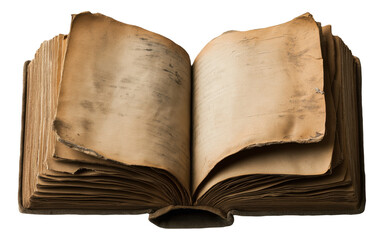 Open ancient book with old, weathered pages and illegible text.