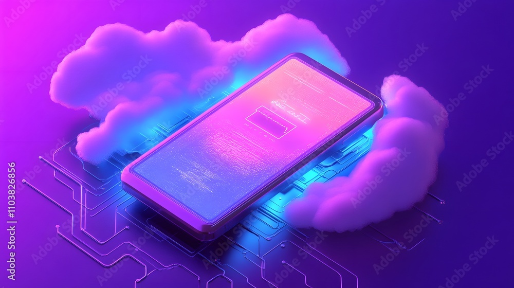 Poster a futuristic smartphone surrounded by glowing clouds and circuit patterns.