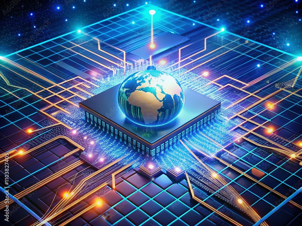 Poster stunning 3d illustration of global information flows with digital beams radiating from a central pro