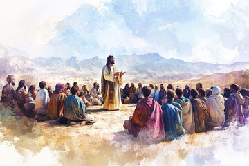 A digital watercolor painting of Jesus teaching a crowd in Judea, surrounded by His disciples. The scene captures the vast desert landscape, with soft hues and divine light shining on Jesus, as He