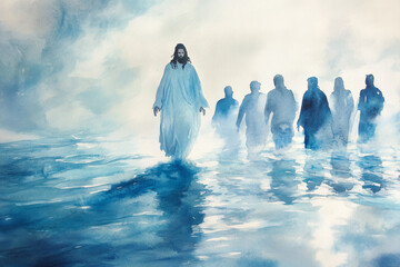 Jesus walking on water, his gaze focused and steady as his disciples watch in awe. The watercolor uses soft blues, whites, and silver tones to reflect faith, miracle, and divine power.