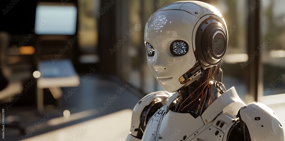 Aufkleber a futuristic humanoid robot with a sleek design and expressive features in a modern environment.