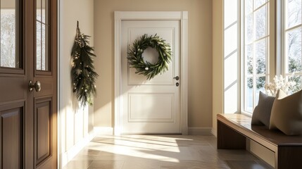 Fototapeta premium Tranquil Entryway with Natural Wreath and Sunlit Clean Lines