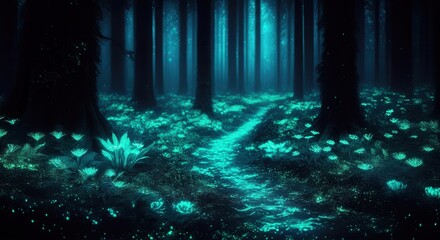 Enchanted midnight with luminescent flowers misty pathway