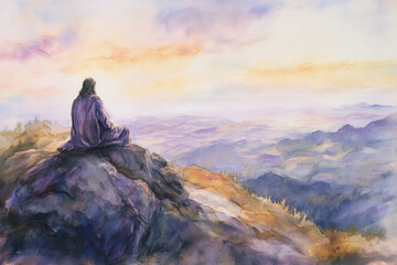 Fototapeta premium Jesus in a moment of solitude on a mountaintop, gazing out over the land below. The watercolor uses soft purple skies, warm golds, and pale blues to represent divine reflection and serenity.