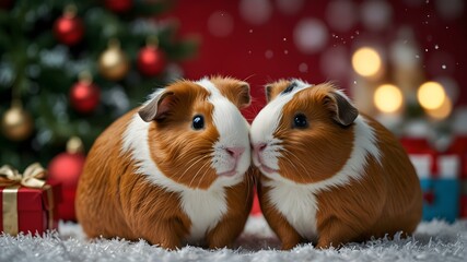Two guinea pigs sit side-by-side on a white surface, surrounded by Christmas decorations including a decorated tree, ornaments, and snowflakes.