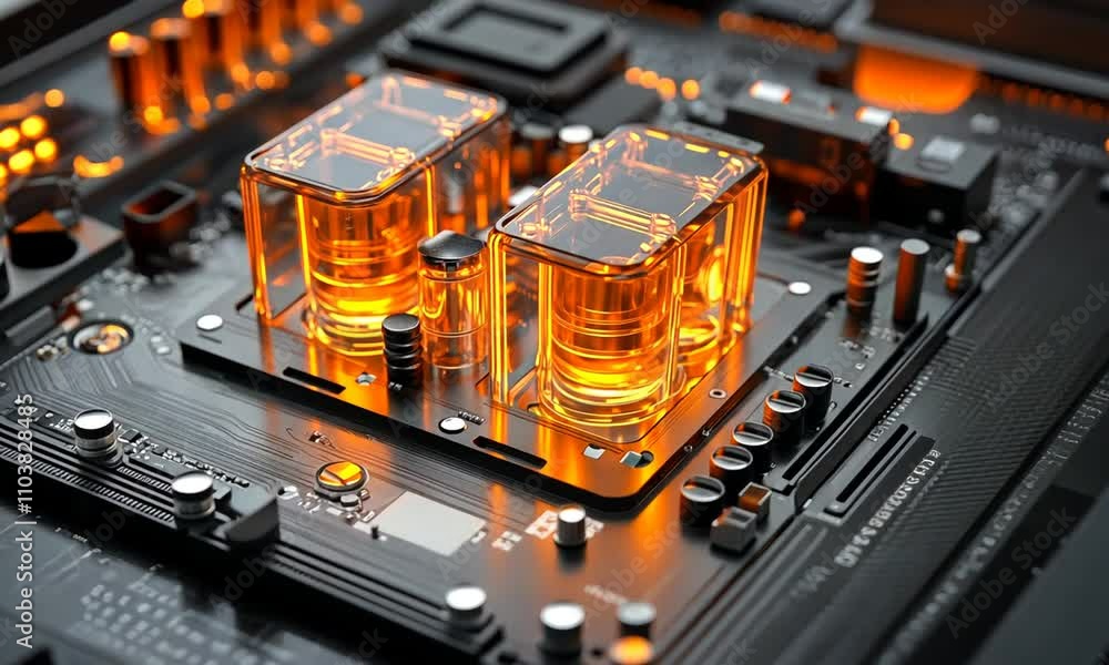 Poster close-up of a circuit board with glowing orange components.