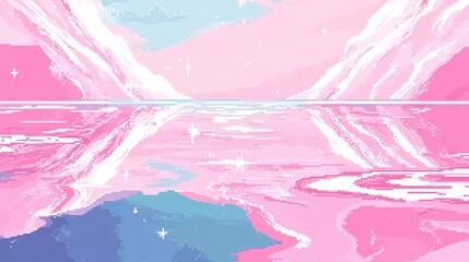 Pastel pink pixel art landscape with a serene lake, soft clouds, and sparkling stars.