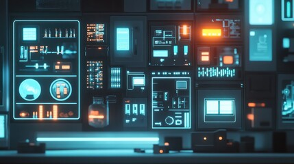 Futuristic control room interface with glowing screens and digital displays.