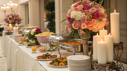 Fototapeta premium Elegant wedding buffet with floral arrangements and candles