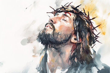 A portrait of Jesus wearing a crown of thorns, painted in bold, expressive watercolor strokes of crimson, gray, and muted gold. His expression is serene yet deeply moving.