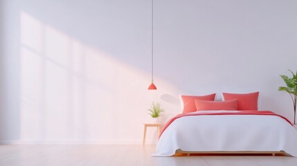 A minimalist bedroom with a white bedspread, red pillows, and a potted plant, illuminated by natural light from a window.