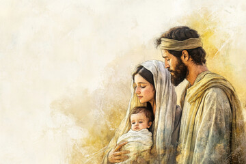 A digital watercolor illustration of Joseph and Mary, Mary with child, in a peaceful moment before their journey to Bethlehem. The serene background and warm colors evoke a sense of divine trust and