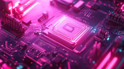 Fototapeta premium Close-up of a computer motherboard with a CPU illuminated in pink neon light.