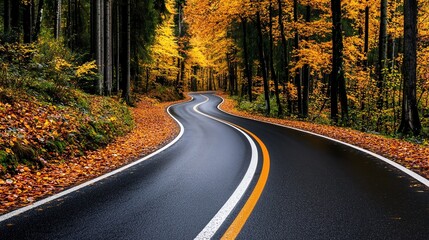 Fototapeta premium Scenic winding road surrounded by vibrant autumn foliage and trees.