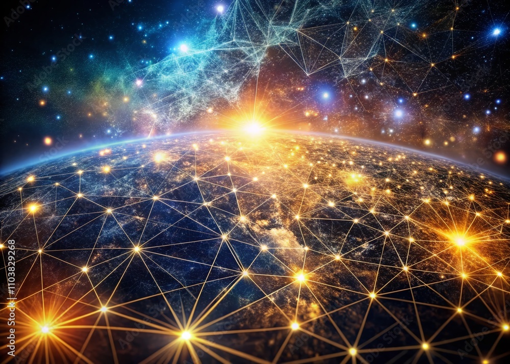 Aufkleber stunning aerial abstract background with stars and technology particles in a mesh formation - hyper 