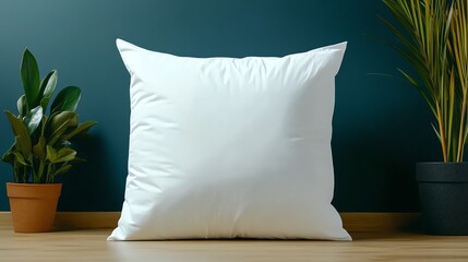 Soft white pillow on wooden floor against a green wall with potted plants.