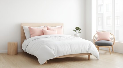 A modern bedroom featuring a light wooden bed, soft white bedding, pink pillows, and a cozy chair, creating a serene and inviting atmosphere.