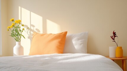 A cozy bedroom scene featuring a white bed with an orange pillow, a vase of yellow flowers, and warm sunlight illuminating the soft textures.