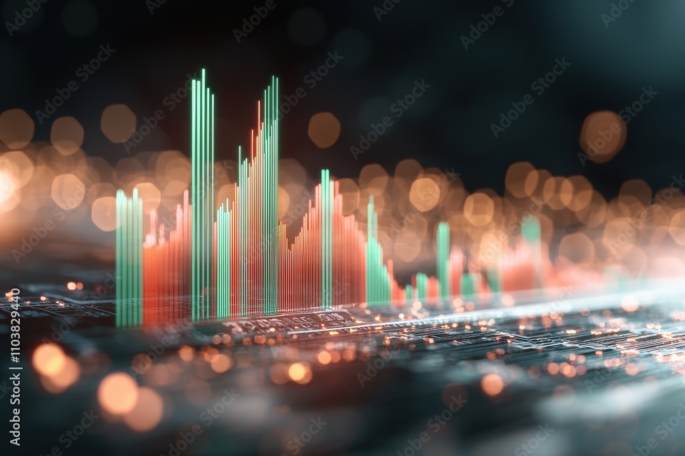 Aufkleber abstract financial data visualization with glowing green and red bars representing stock market tren