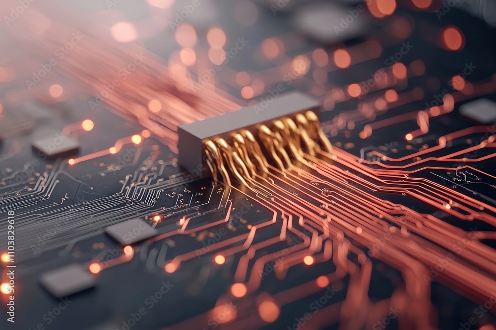 Poster detailed close-up of a circuit board with golden connectors: a stunning display of technology, innov