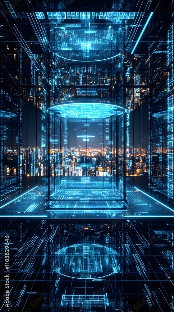 Poster a futuristic digital environment with glowing structures and city lights in the background.