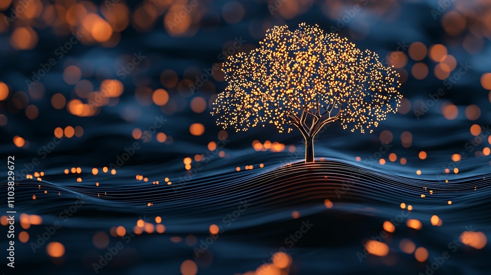 Poster cyber governance. illuminated tree surrounded by glowing waves in a dark setting.