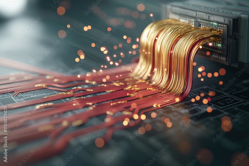 Poster flow of advanced technology in a digital circuitry landscape featuring vibrant golden cables and lum