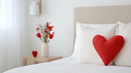 A cozy bedroom scene featuring a heart-shaped red pillow on a bed, complemented by decorative flowers in a vase.