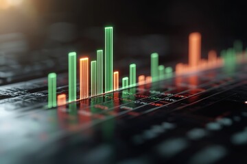 Abstract Digital Stock Market Chart Displaying Financial Data Trends and Insights with Colorful Bar Graphs and Bright Light Reflections in a Dark Environment