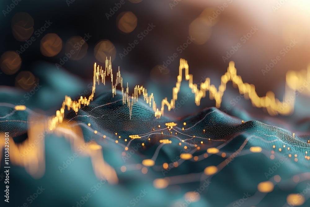 Poster abstract representation of financial market trends illustrating fluctuating stock prices with vibran