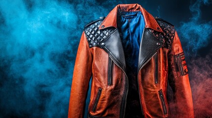 Stylish leather jacket on display with dramatic lighting effects.