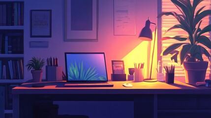 Night Workspace Illustration: Laptop, Desk Lamp, and Plants