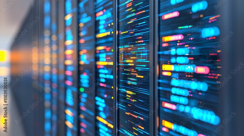 Poster cyber governance. data center with illuminated servers and digital displays.