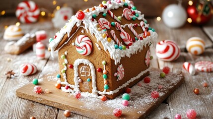A festive gingerbread house decorated with candy and icing on a wooden table