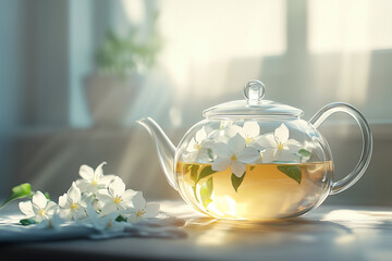 Glass teapot with jasmine flowers and herbal green tea