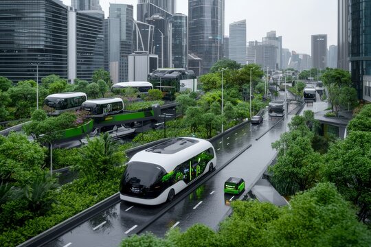 Autonomous car, white autonomous public bus service, shares.