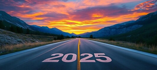 Highway stretching toward a stunning sunset, with "2025" painted on the road, symbolizing progress