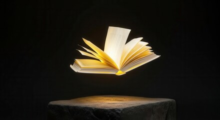 Ethereal illuminated book floating in the dark