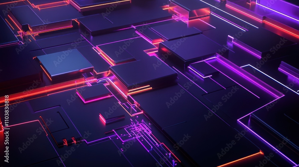 Aufkleber abstract 3d rendering of glowing neon lines and dark cubes.