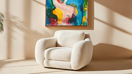 Cream Sherpa Armchair with Abstract Colorful Artwork