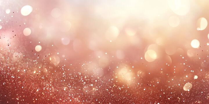 Rose gold glitter sparkle background with warm, radiant tones. Defocused light highlights the soft shimmer and reflective bokeh.