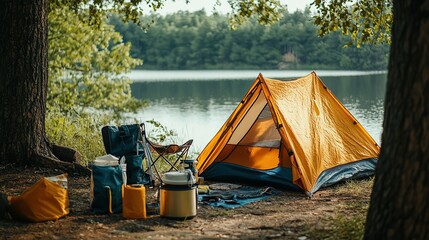 A camping gear setup near a lake, with all the essentials for a comfortable and safe camping experience.