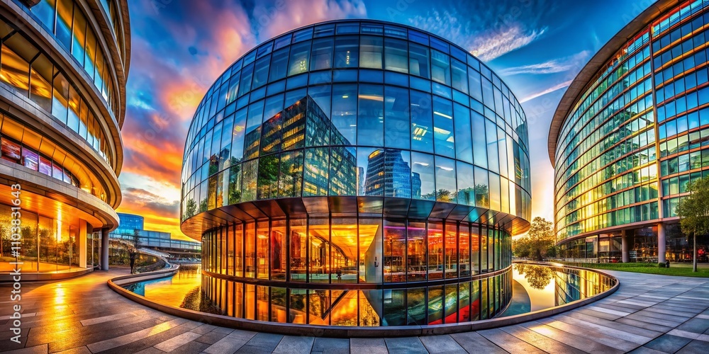Poster stunning architectural photography of a modern 3d round glass structure featuring intricate reflecti
