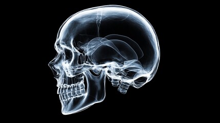 X-ray image of a human skull, showcasing detailed bone structure on a black background.