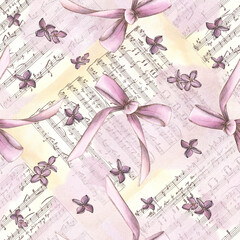 Seamless pattern with pink satin bow and lilac flowers on the background of old pages with notes. Vintage style. Watercolor illustration. Spring holiday pattern. Template for further design